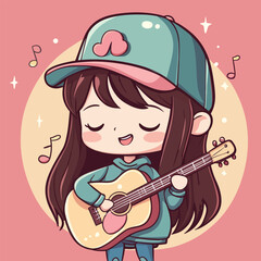 Cartoon girl with guitar wearing a cap and hoodie surrounded by musical notes
