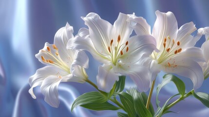 Fototapeta premium Elegant White Lilies Illuminated Softly Against a Silky Pastel Backdrop