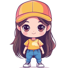 Cartoon girl with long brown hair wearing a yellow cap and casual clothes
