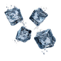 Obraz premium Four translucent ice cubes, suspended in mid-air against a black background, with water droplets and splashes surrounding them, creating a dynamic, refreshing image