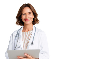 Fototapeta premium Confident Female Doctor Holding Tablet Healthcare Professional Portrait Smiling Medical