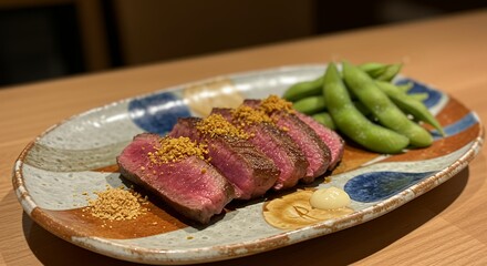 Sliced Steak and Edamame Dish on Plate