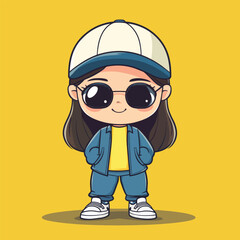 Cartoon girl with oversized sunglasses baseball cap and blue denim jacket