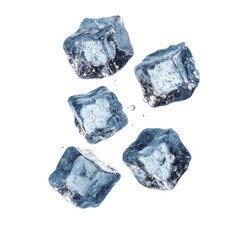 Naklejka premium Close-up of five translucent ice cubes, slightly irregular in shape, scattered against a black background, showcasing their crystalline structure and subtle internal reflections