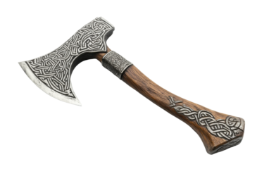 Large, ornate, wooden axe with a silver handle