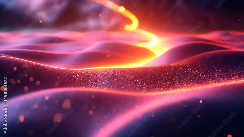 Poster abstract futuristic animation with glowing neon waves and sparkling particles backdrop