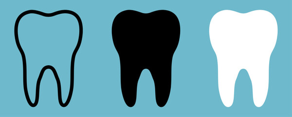 Set of three tooth icons in outline, black filled, and white filled styles. Minimal dental vector illustration for medical, orthodontic, or clinic design. Isolated on blue background. Icons, vector.
