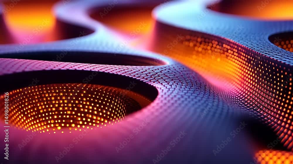 Poster abstract futuristic glowing structure with curves, colorful gradient and grid pattern