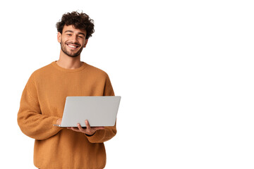Happy Young Man Working on Laptop Smiling Casual Wear Studio Shot
