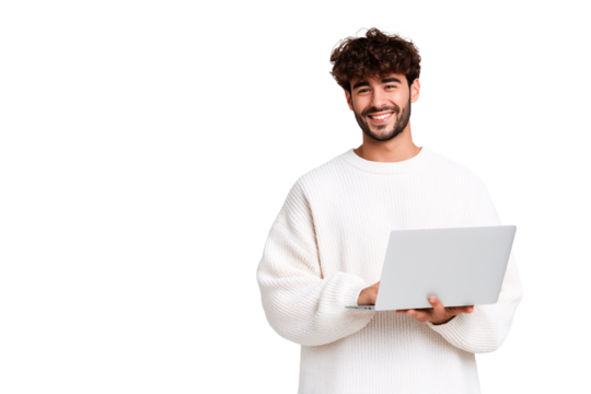 Smiling Young Man with Curly Hair Using Laptop Computer Casual White Sweater - Powered by Adobe