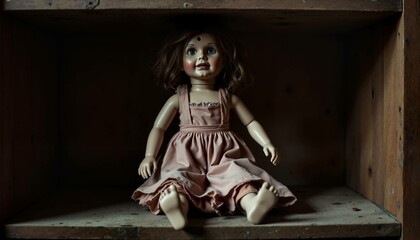 A ghost doll in a vintage dress sitting on a worn wooden shelf