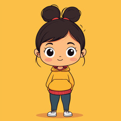 Cartoon girl with space buns wearing a yellow hoodie and blue pants
