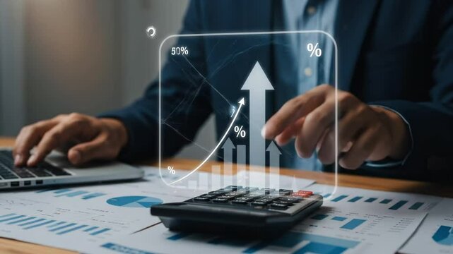 A business professional engages with graphs and charts on a desk, utilizing a calculator and laptop to study market trends and derive insights for strategic decision-making