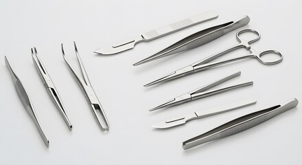 Surgical tools like scalpel, scissors, and forceps neatly arranged on white background