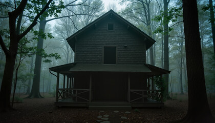 Eerie wooden house surrounded by misty forest during twilight  