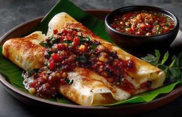 Masala dosa, a south indian fermented crepe, resting on banana leaf, with chutneys