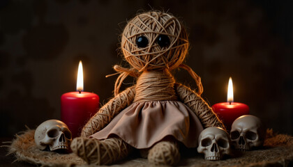 A voodoo doll made of twine and cloth, placed in a small ritual circle with skulls and candles