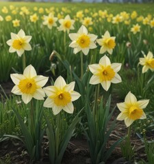 Obraz premium Close-up of delicate daffodil blooms in a lush green field , texture, environment, sunlight