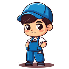 Cartoon handyman with blue cap and overalls hands on hips smiling