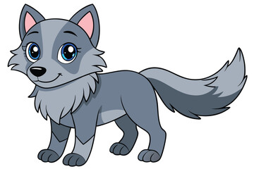 Cartoon Illustration of a Gray Wolf with Large Blue Eyes and Furry Tail