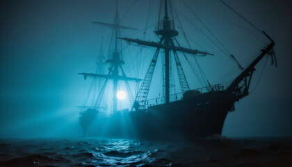 Fototapeta premium An ancient sailboat, a ghost ship illuminated in the misty night waters