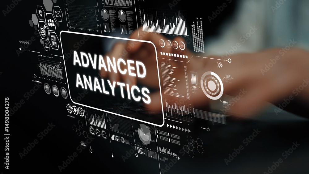 Poster Advanced Analytics Concept with Hands on Data Display and Technology Interface Infographics for Business Intelligence Insights. Asymptotic smart data analytic.