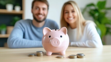 Young Couple Planning Savings with Piggy Bank