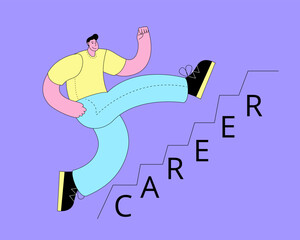 A man in casual clothes is running up the career ladder. Vector illustration of a successful career.