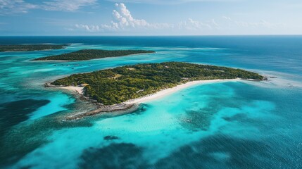Aerial view of tropical islands surrounded by turquoise water and sandy beaches