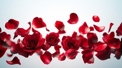 A beautiful display of red petals rising softly, shown with realistic sharpness on a pure white and semi-transparent background, creating a peaceful floating motion.