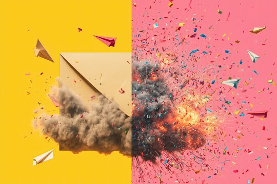 Explosive mail concept split in two color themes showing dramatic surprise and celebration from an envelope