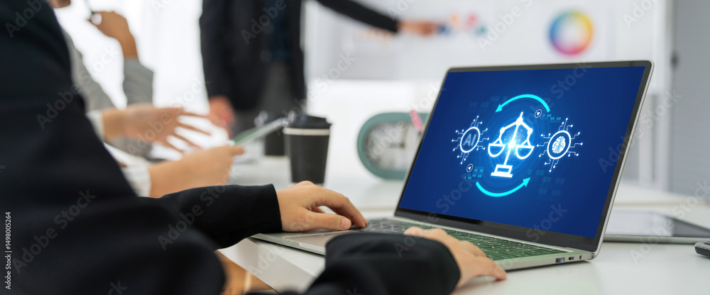 Poster ai ethics responsibility standard law and rules on computer screen provide report of ai ethic transp