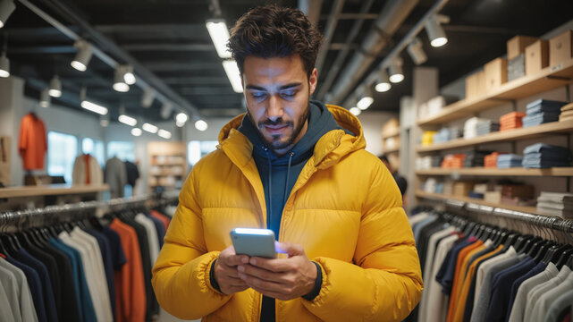 Young Man in Yellow Jacket Using Smartphone - Browsing Clothing Store and Checking Mobile Application for Mobile to In-Store Shopping Experience