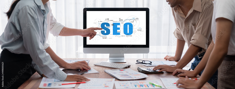Aufkleber seo search engine optimization for brisk e-commerce and online retail business showing on computer s