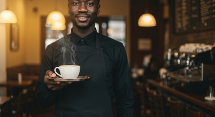 Smiling barista holding a cup of coffee with steam in a cafe