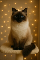 Beautiful purebred Ragdoll cat lounges in a cozy, well-decorated home, showcasing its soft fur, striking blue eyes, and calm, affectionate demeanor.