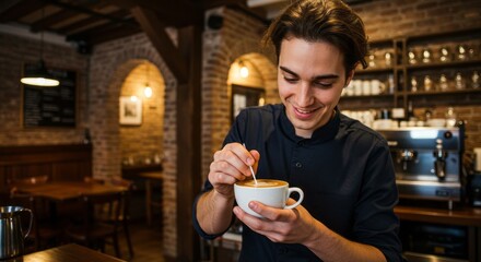 Smiling barista skillfully crafting latte art in a cozy coffee shop