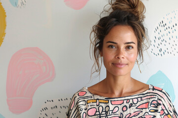 Portrait of a confident African American woman with natural hair, wearing a colorful patterned top and offering a subtle smile while looking directly at the camera against a plain white