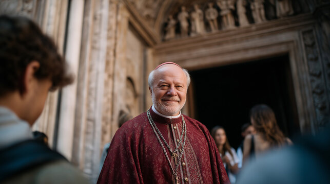 Cardinal greeting visitors at cathedral entrance under stone archway