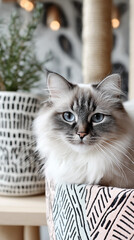 Beautiful purebred Ragdoll cat lounges in a cozy, well-decorated home, showcasing its soft fur, striking blue eyes, and calm, affectionate demeanor.