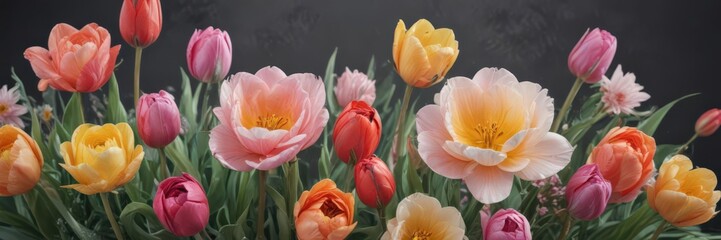Fototapeta premium Vibrant watercolor blooms; roses, tulips, daisies , fresh, vivid, white background