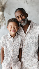 Portrait of a stylish Black father and son wearing matching black and white Hawaiian-style shirts, smiling confidently at the camera against a clean white background. A joyful and fashionable family.