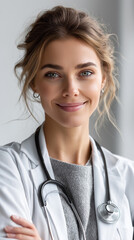 Confident young medical professional looks directly at the camera, radiating trust, competence, and warmth in a modern healthcare setting.