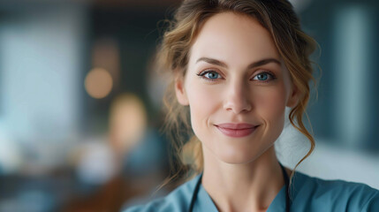 Confident young medical professional looks directly at the camera, radiating trust, competence, and warmth in a modern healthcare setting.
