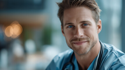 Confident young medical professional looks directly at the camera, radiating trust, competence, and warmth in a modern healthcare setting.
