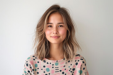 Portrait of a confident young Asian woman wearing a modern, colorful patterned top, gently smiling while looking directly at the camera against a clean white background.