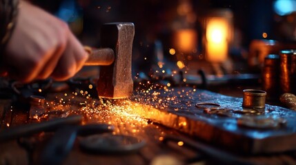 A blacksmith hammering metal on an anvil with sparks flying in a workshop environment.