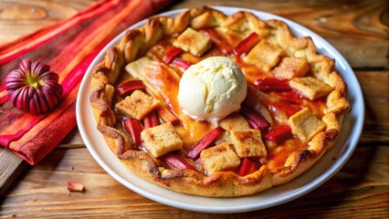 A rustic rhubarb pie with a golden crust, topped with a scoop of vanilla ice cream, ready to be savored.