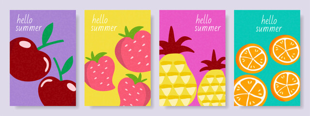 Set of bright summer posters with strawberries, oranges, pineapples and cherries.