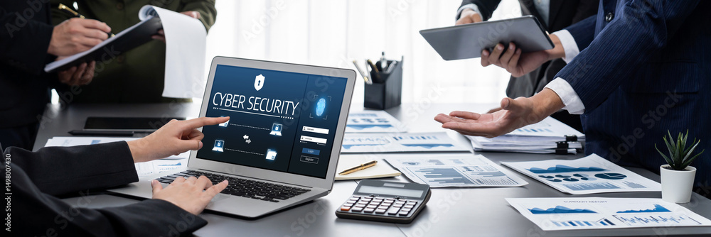 Poster cyber security system on computer screen protect private information brisk from hacker and cyber att